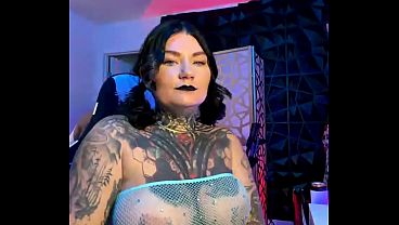 Hot tattooed couple oil up tits on live