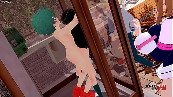 Download Video - Boku No Hero Academia Hentai - Deku fucks Tsuyu while Uraraka watches them and Bakugou jerks off watching them