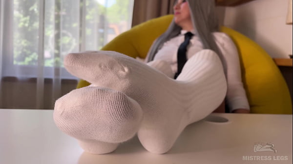 Goddess Foot Teasing In Cute White Knee Socks On The White Table