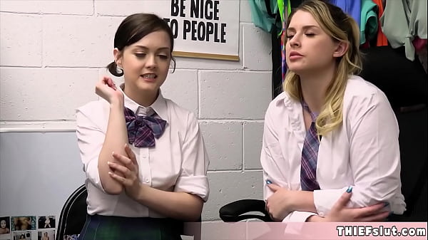 Two cute shoplifter in uniforms caught by the mall cop and now both of them having a hard time