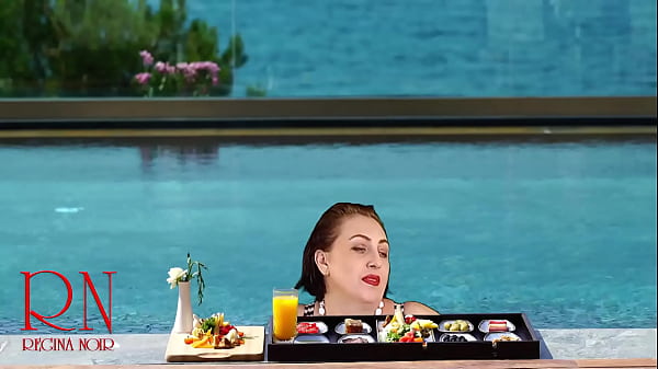 Regina Noir. Tits teasing at swimming pool. Nudist hotel. Nudism outdoors. 1