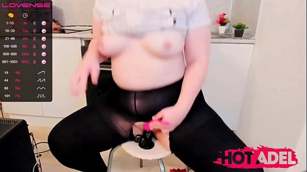 Chubby teen stepsister with big ass in black pantyhose fuck her pussy with black dildo