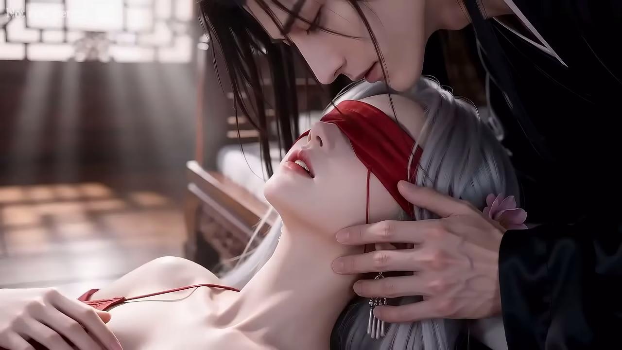 A Chinese classical beauty with skin as white as snow, dressed in red and with white hair. Blowjob, cum, first episode, AI-generated