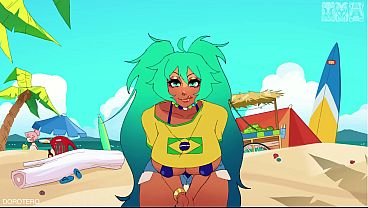 Brazilian Hatsune Miku masturbating someone using her breasts.