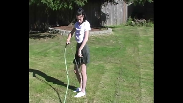 Zoe Plays with Water Hose Wetting Pierced Tits & Her Pussy