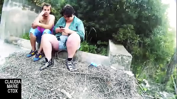 The fat girl eats the eggs under her ass like they were grapes in the open air
