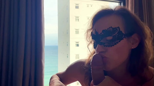 Teen girl in mask sucks dick cums on face sperm seaview room pov blowjob cumshot