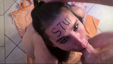 Stupid WHORE DEEPTHROAT face fucking gets a PISS FACIAL, face slapping - BrownEyedDevil and DomSlutFucker
