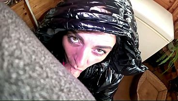 Glossy Downjacket Cum Play. Sloppy BJ, Doggy and Triple Cum on My Ass