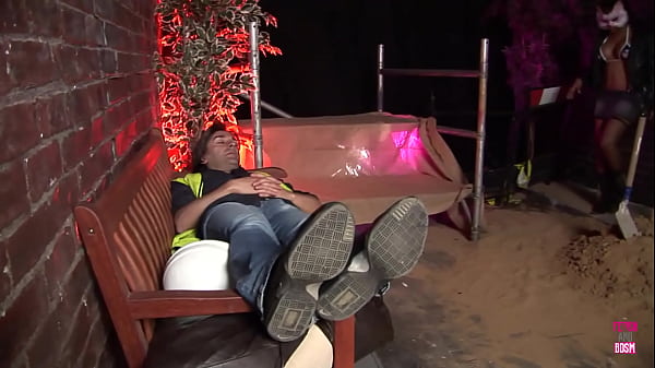 The alley cat approached a labor worker to have sex next to the construction site