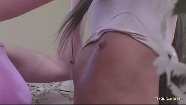 Lesbian girls in pink gently make out and then share a lucky guy in threesome
