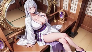 愛 - 銀髪の巫女神社の秘密！ボタンを半分外した白い着物、跪くポーズ、そして強烈な視線。