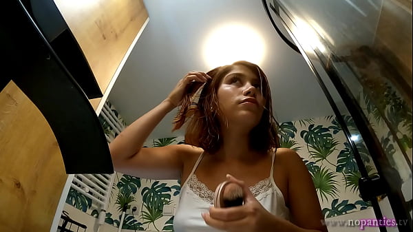Hot sexy tight pussy redhead girlfriend in the bathroom no panties tases in a miniskirt