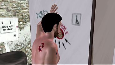 Pornografía gay animada en 3D: un hombre guapo chupando una polla a través de un agujero en un baño de hombres.
                   public gay gay blowjob public toilet muchos negros