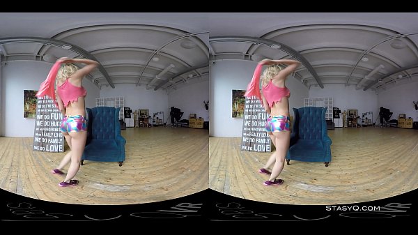 Lovely blonde amateur with natural tits stripping in VR