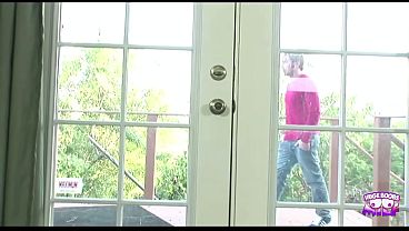 Horny blonde invites the pervy peeper into her room to ride his cock with passion