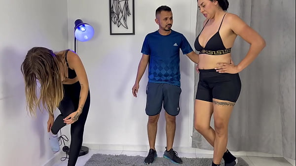 Gym instructor fucks two sluts hungry for cock and a lot of cum on their faces