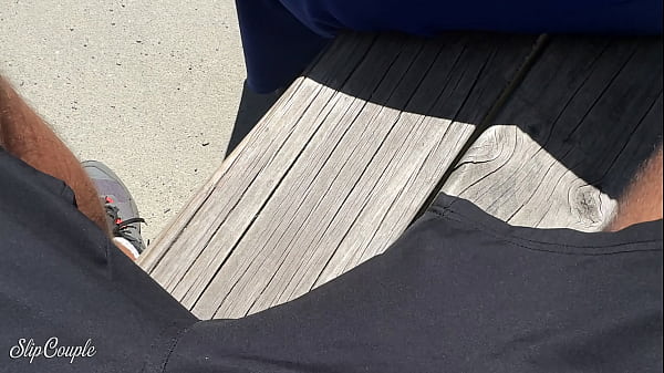 Public and risky, sloppy handjob on a bench during hiking