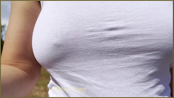 Randy wife goes braless on public exhibitionist walking dare