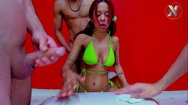 good whore sucks her friends' cocks, taking it down her throat