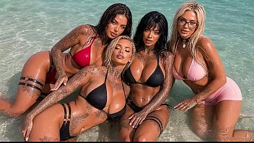 Incredible sex between an Older Man and Four Tattooed, Busty Women on the Beach – Orgy – AI-generated