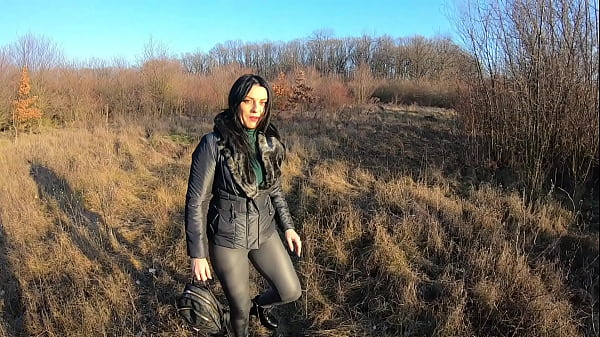 Public Risk in Tight Leather &ndash; Cameltoe, Blowjob & Cum on My Downjacket Twice 235