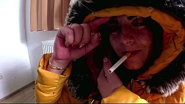Smoking Phone Call Downjacket. Noisy Hooded Blowjob and Cum on My Coat- preview