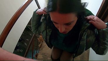 Slutty Mature Orgasm – Blowjob & Cum on Green Shiny Downjacket