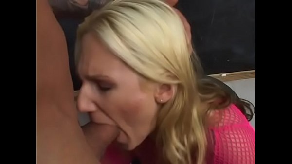 Bitchy blonde cocksucker sucks two guys deeply and drinks cum