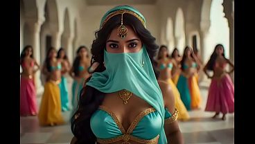 インドのプリンセスとの逆グループセックスファンタジー（ジャスミン姫似、レズビアン、3P、乱交、グループセックス、顔射、射精、アナル舐め） - AI生成