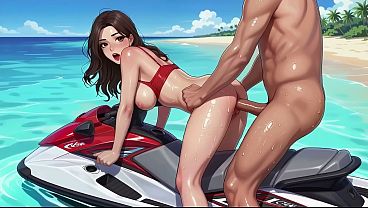 A beautiful woman in a Korean-style comic style, a Korean beauty, on a beautiful seaside motorboat! New style, First ,AI generated