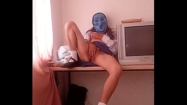 Small 19 year old play with pussy on the desk in her school uniform after class