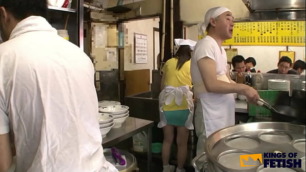 Japanese cookers play with the dish washer girl and fuck her in front of clients