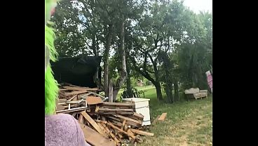 Adorable Inked Girl in Cute Outfit Rides on Massive Dildo