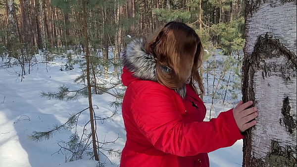 Chubby hitchhiking hottie in black leather leggings sucked cock in the woods and set up a huge juicy ass for a hard fuck right in the snow