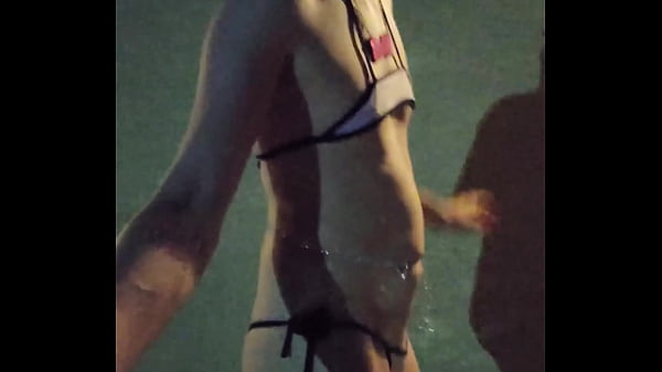perfect milf walking around our pool in micro bikini with perfect pussy