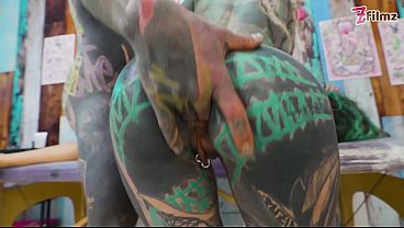 Two girls share BIG COCK during tattoo session and get ANAL fucked