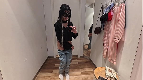 Camera in a public fitting room! Nice brunette tries on underwear!