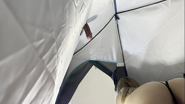 Hot and Cute Babysitter in Sexy Lingerie gives a Big Cock in a Tent to make Precum Dripping