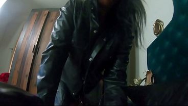 Long Black Leather Coat, Ripped Pantyhose and Vibrator Orgasm Tease