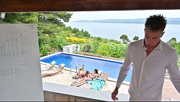 Team Chemistry Chapter 2: Bi Beauties Dina Joy And Cara Mella Invite Their Colleagues To A Poolside DP Fuck Frenzy GP3422