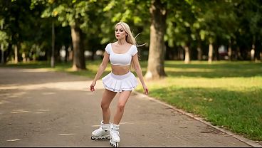 流れるようなミニスカートを履いた巨乳ブロンド美女が、ジューシーなお尻と胸を披露 - 激しい公共の場での自慰行為 AIによる自慰行為