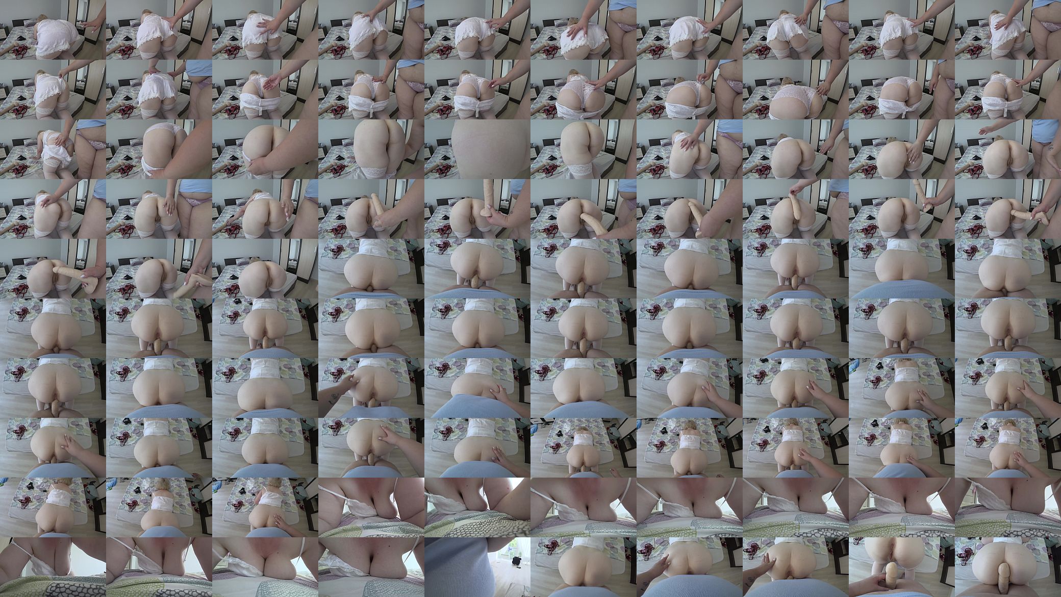 A lesbian with a strapon fucked a chubby milf in stockings. Juicy PAWG doggy style and big tits on the bed POV. 预览图
