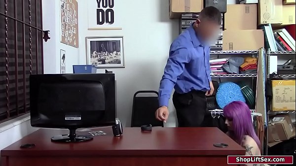 Petite girl gives a blowjob to security