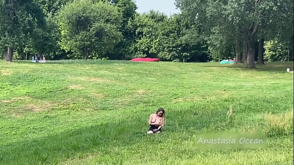 Anastasia Ocean (Emerald Ocean) in the park with bare breasts. Public