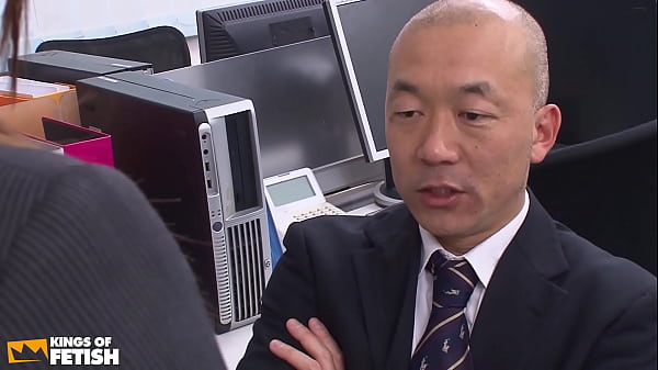 Japanese secretary gets her shaved pussy satisfied with toys by two men at work