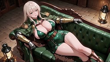 AI generated- Blonde Knight's Afternoon! Green Uniform   Golden Mechanical Arms, lazily contemplating in ancient stone ruins.