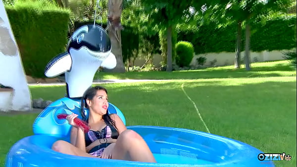 After catching the brunette playing in the pool he disciplines her juicy booty with anal