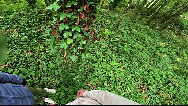 I see a girl cycling in the woods and when I go to urinate she helps me by giving me a blowjob in public