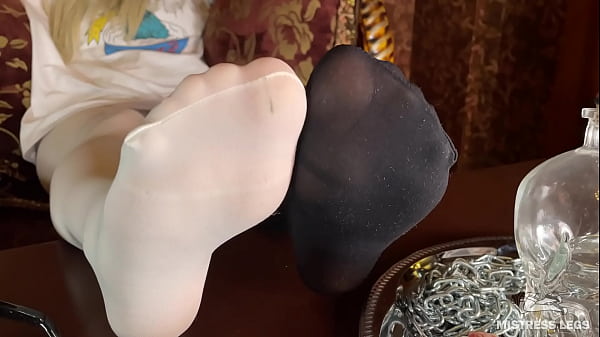 Goddess foot tease in black and white pantyhose